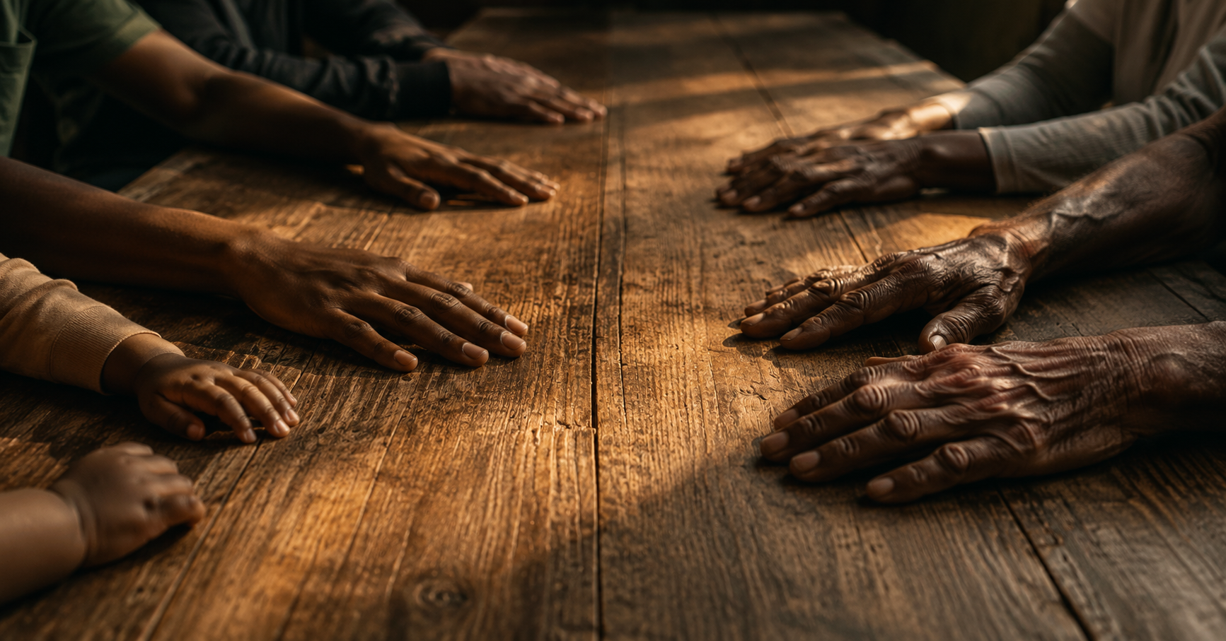 Several generations of hands resting on a shared wooden table