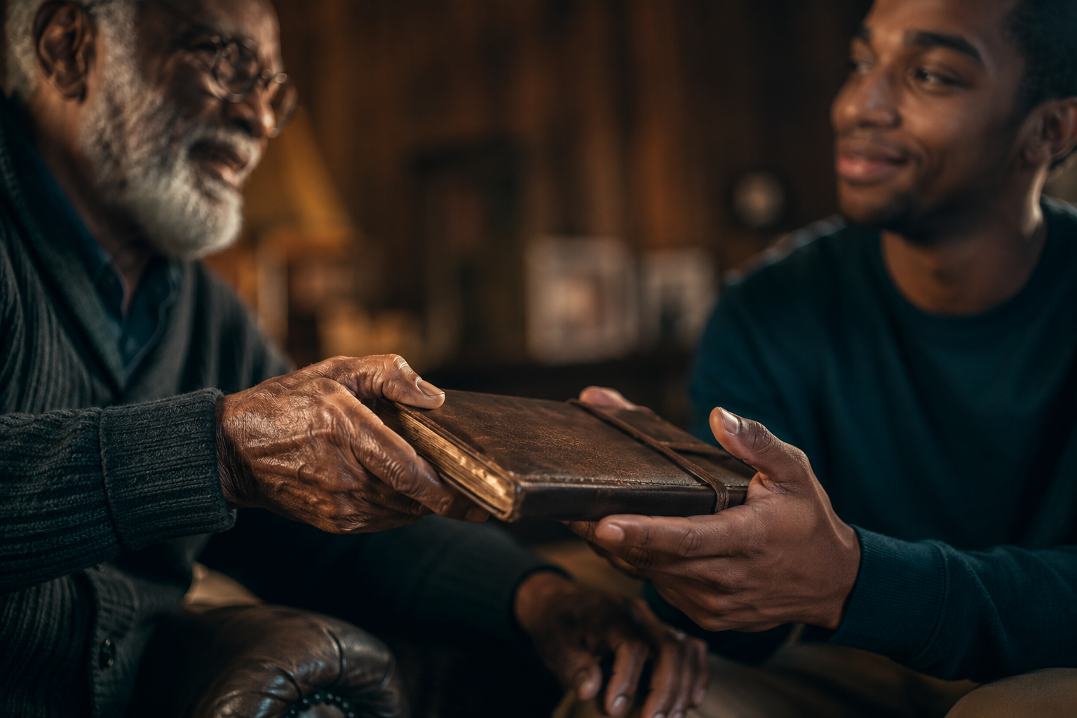 An older person passing a journal to a younger person as a symbol of shared wisdom