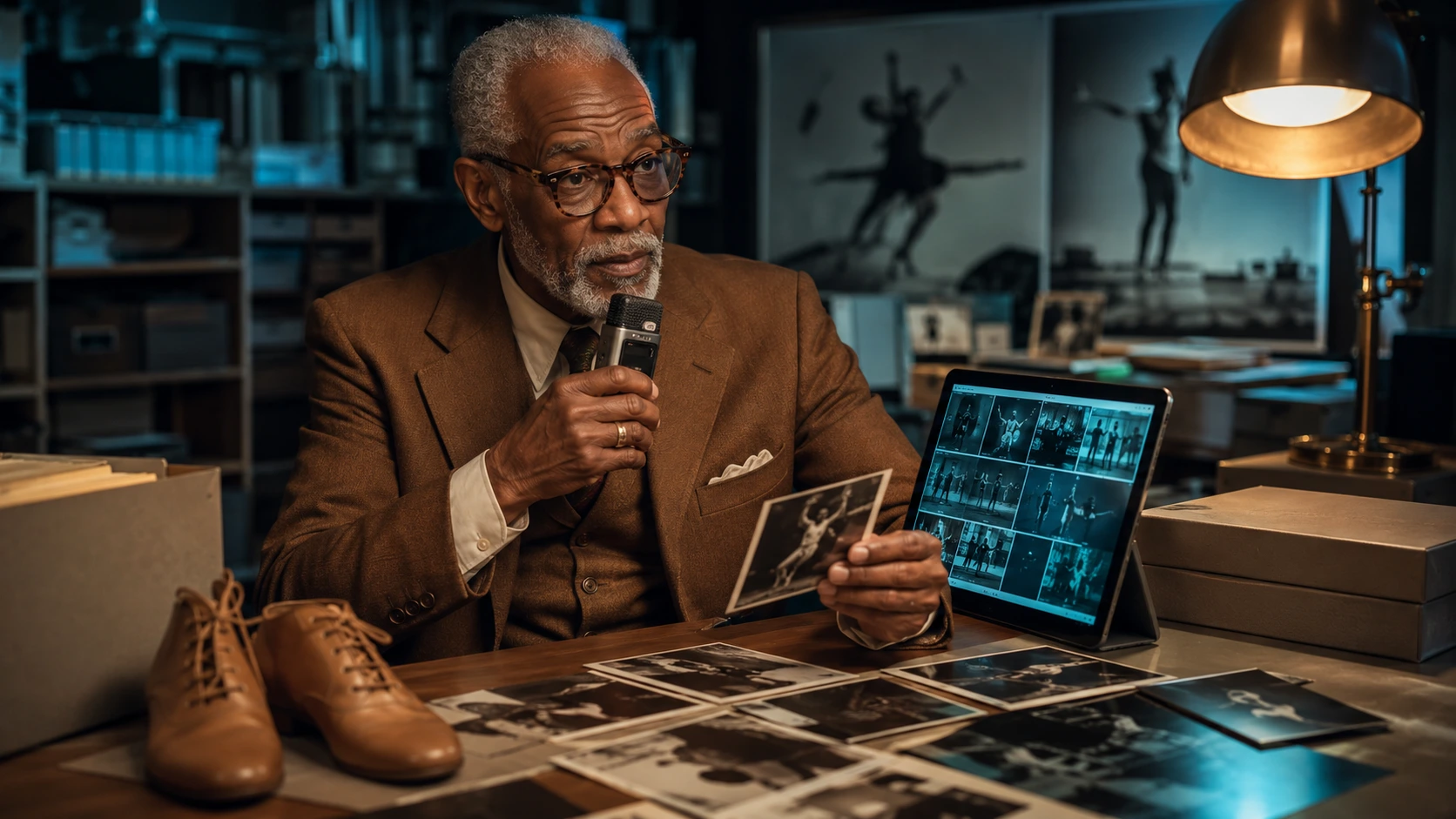 Distinguished Black elder in a tailored suit reviewing a digital legacy archive