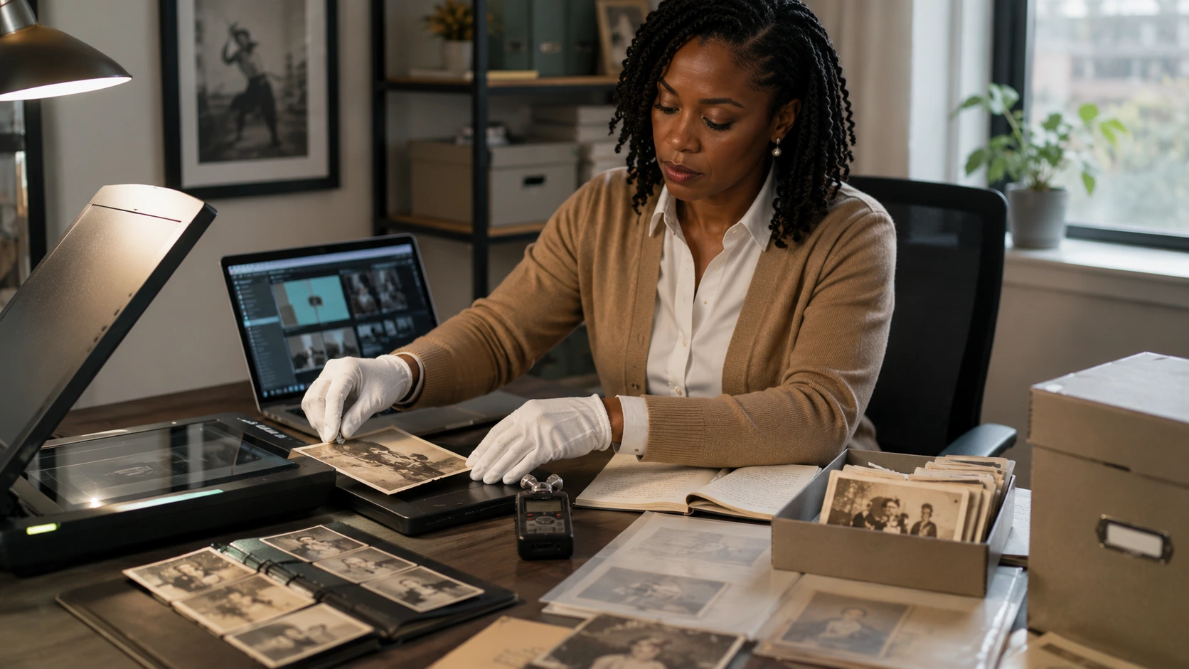 Black woman digitizing family photographs and documents at a modern archival workstation