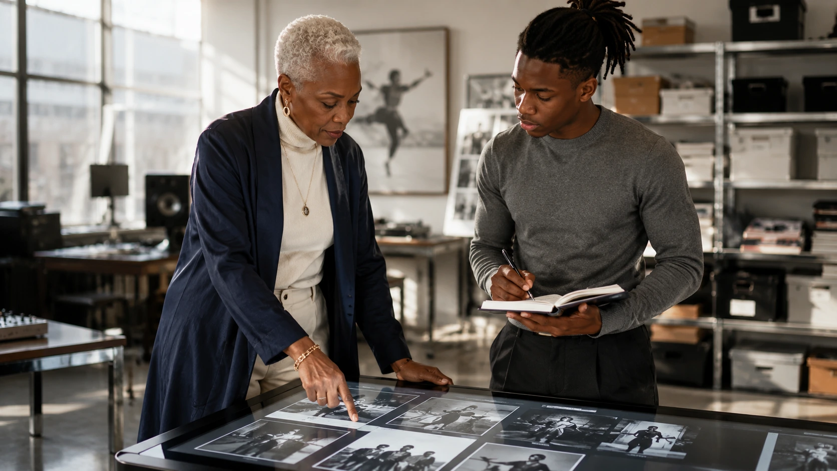 Black elder mentor and young Black professional reviewing an archive together