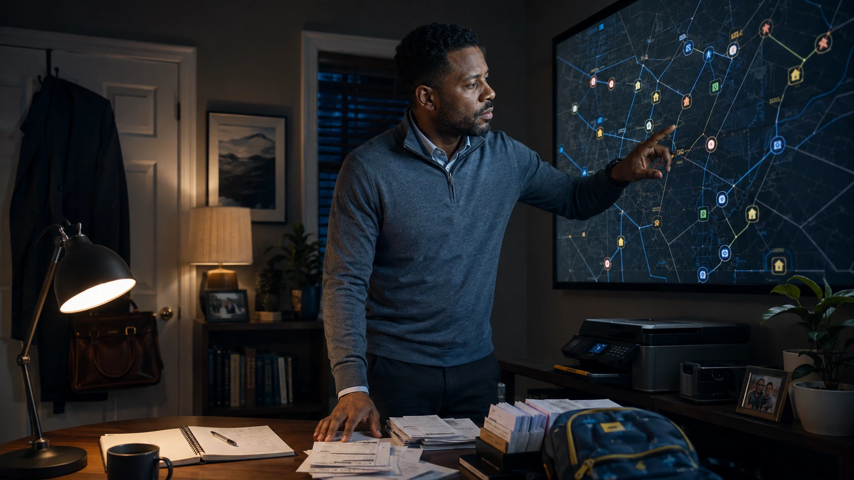 Black professional in their thirties building a project late at night in a modern home office