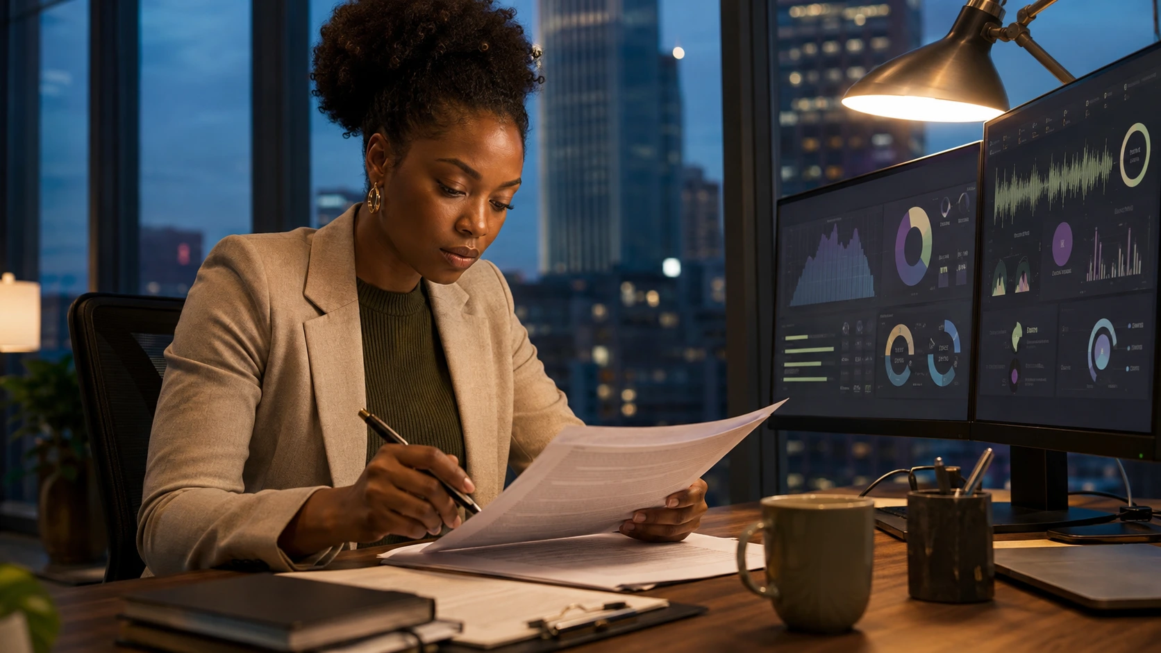 Black professional in their twenties reviewing contract terms on dual monitors in a glass office