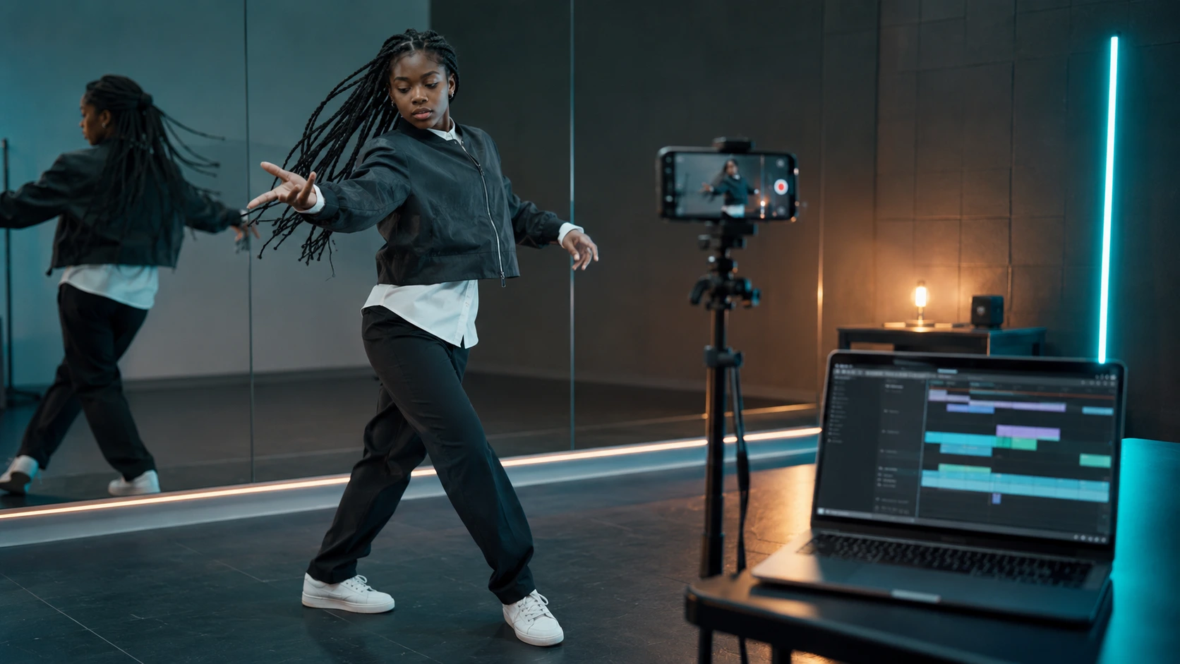 Black teen creator filming original choreography in a high-tech studio and timestamping the work