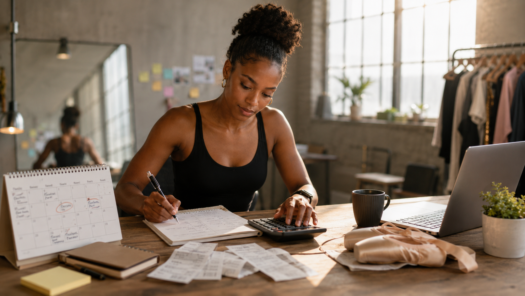 Creative professional using a calendar, calculator, and notebook to plan irregular income
