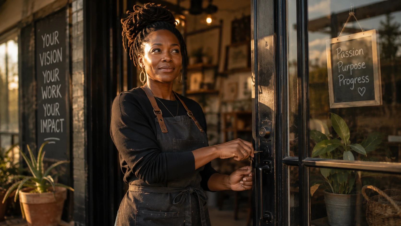 A confident woman in a work apron unlocking the door of her own small storefront studio in early light
