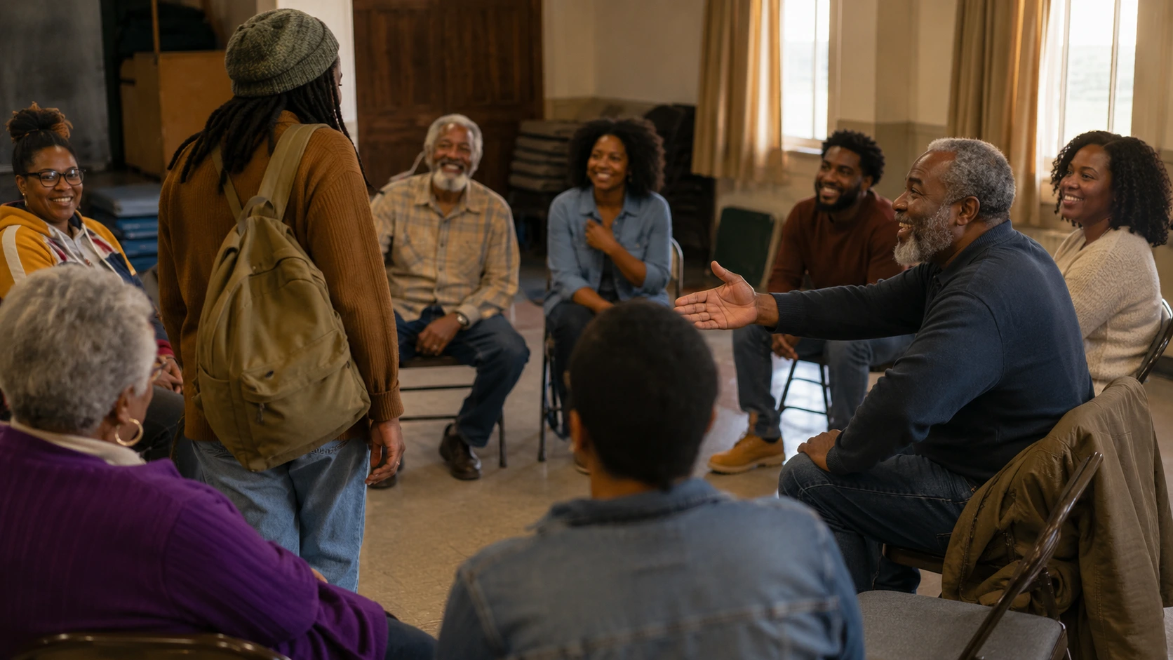 A newcomer being welcomed into a circle of chairs at a community center as someone offers a seat