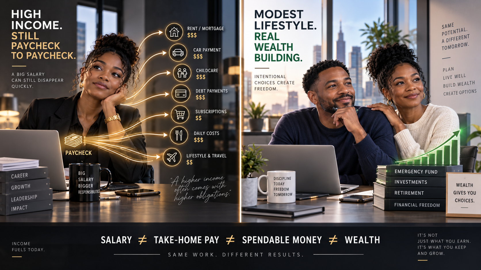 Split-screen comparison of high income with heavy expenses and a more modest lifestyle focused on emergency savings, investments, retirement and long-term wealth.