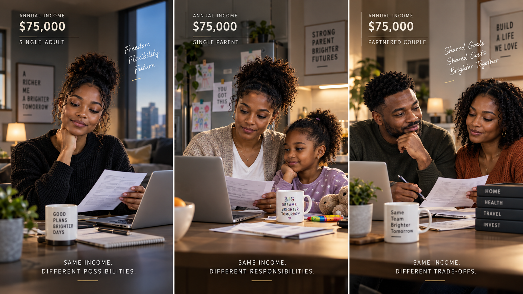 Three Black households with the same annual income shown in different family circumstances: a single adult, a single parent and a partnered couple.