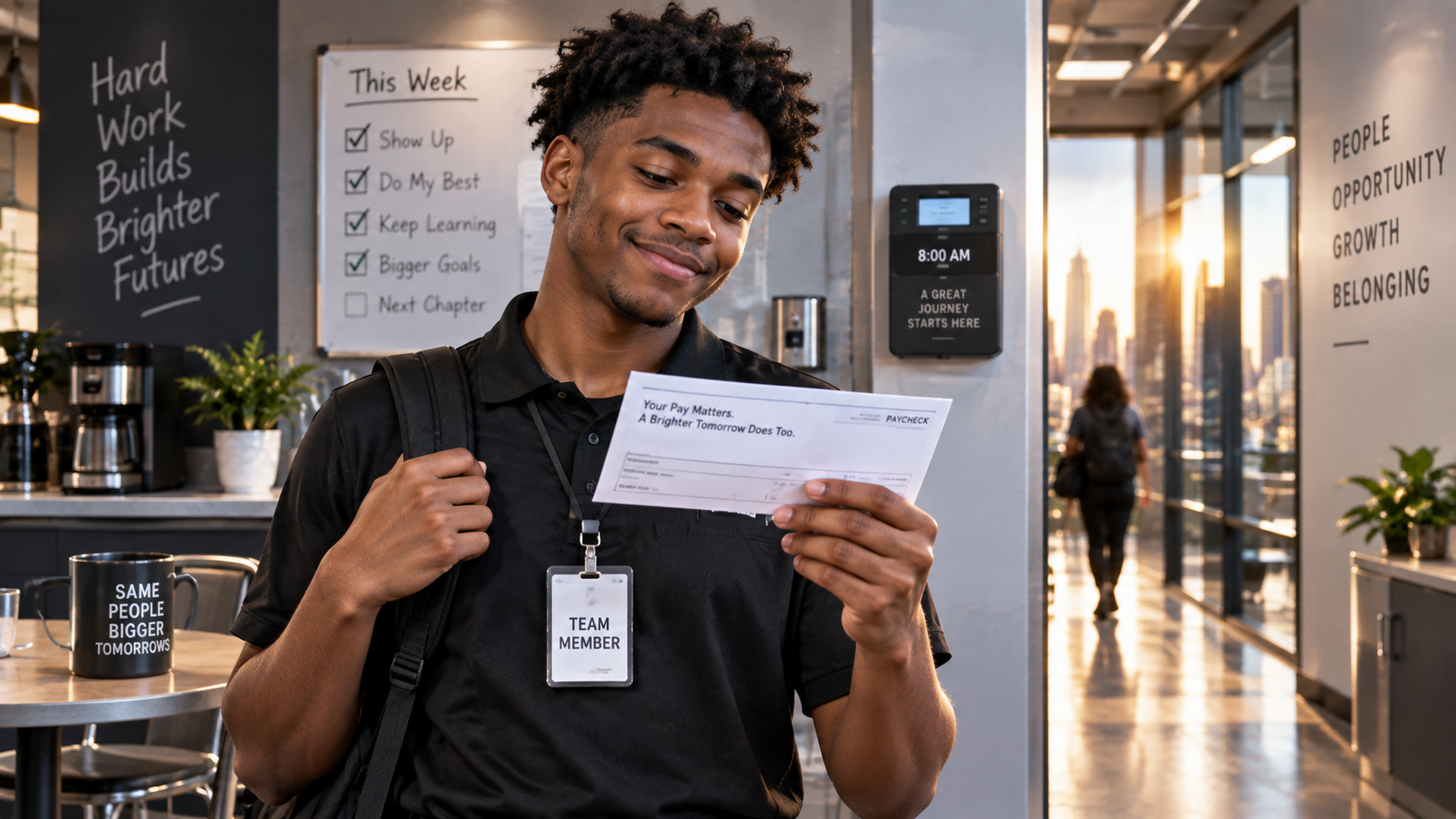 Young Black worker proudly reviewing a first paycheck in a workplace setting, representing the beginning of a career journey.