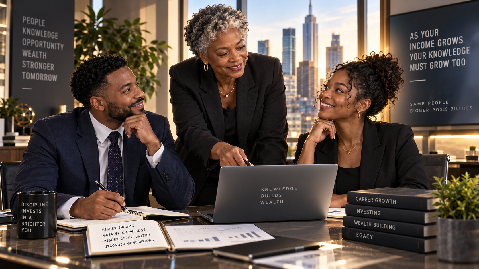Older Black executive mentoring younger Black professionals in a modern office, representing financial knowledge, career growth, wealth building and legacy.