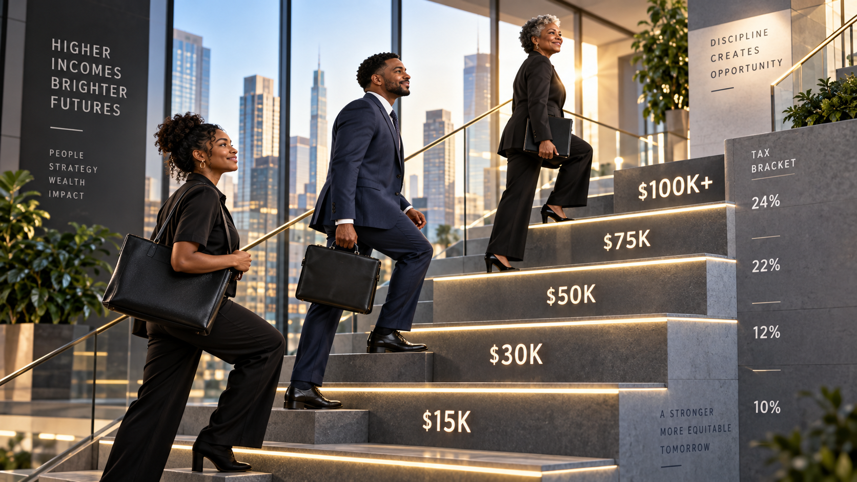 Black professionals climbing an illuminated staircase marked with increasing salary levels and federal tax brackets.