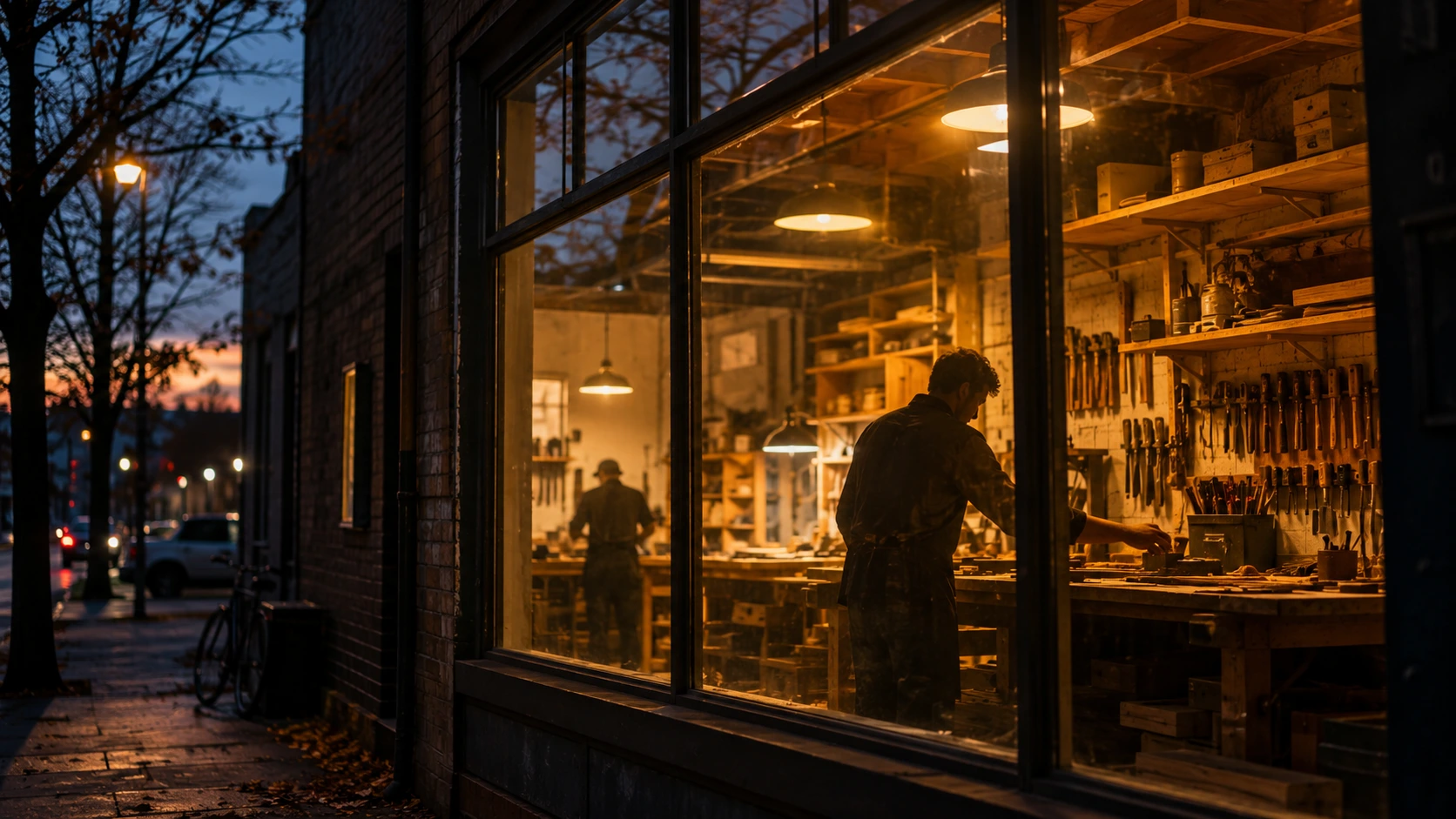 A warmly lit workshop window seen from the street at dusk, a lone figure still working at the bench