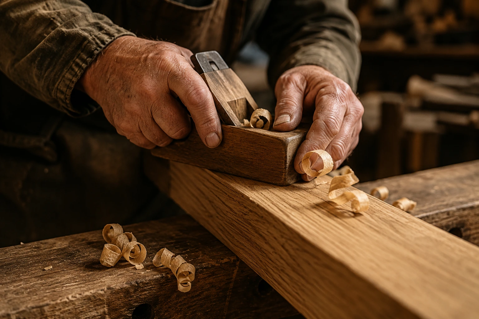 Close-up of weathered hands running a hand plane along a length of oak, thin curls of shaving falling away