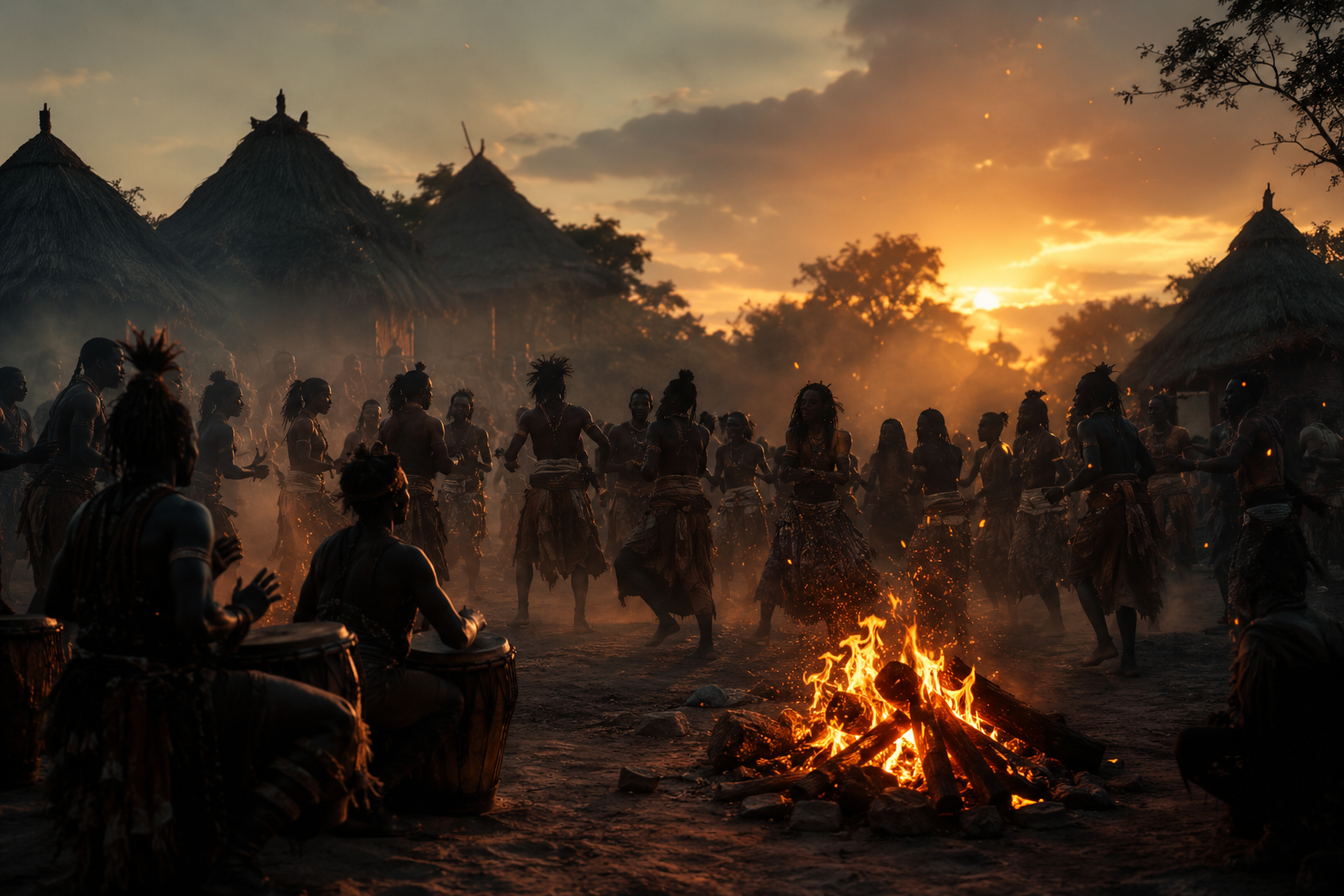 Original rendering of a fireside ceremonial gathering with drummers, evoking the world of Orisha in Children of Blood and Bone