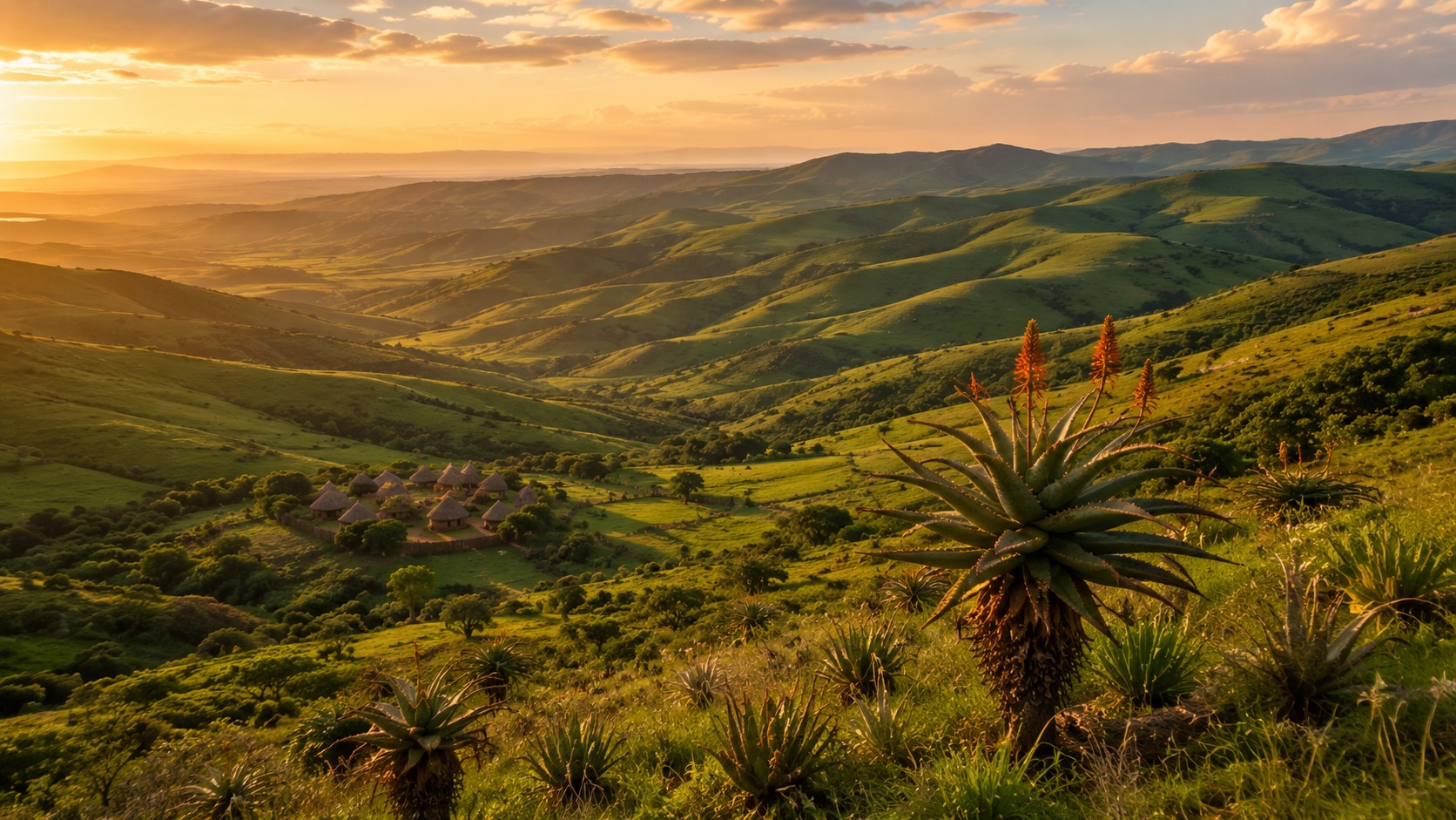 Rolling green hills of KwaZulu-Natal with aloes and a distant homestead, evoking the South African landscape of Children of Blood and Bone