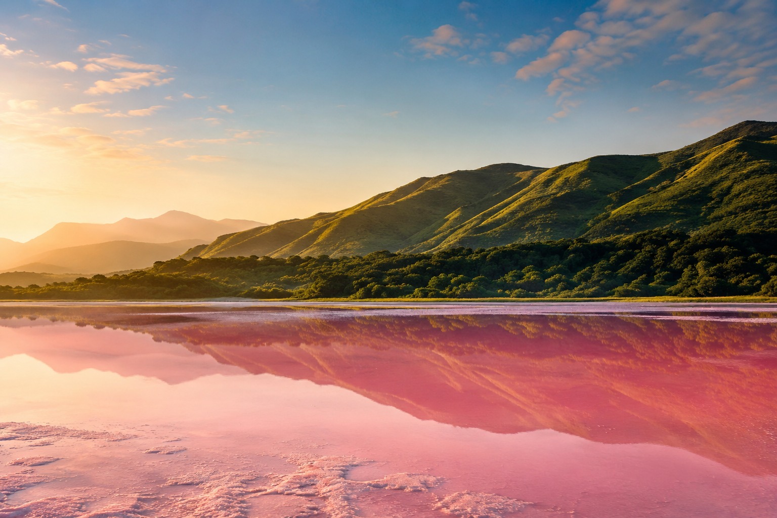 Original artistic rendering of a pink lake and lush forest evoking the South African landscapes where Children of Blood and Bone was filmed