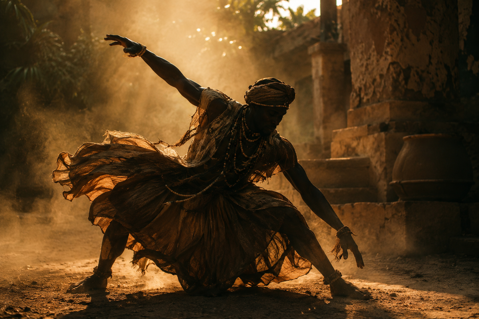 Original rendering of a dancer in expressive movement, evoking the choreography of Children of Blood and Bone
