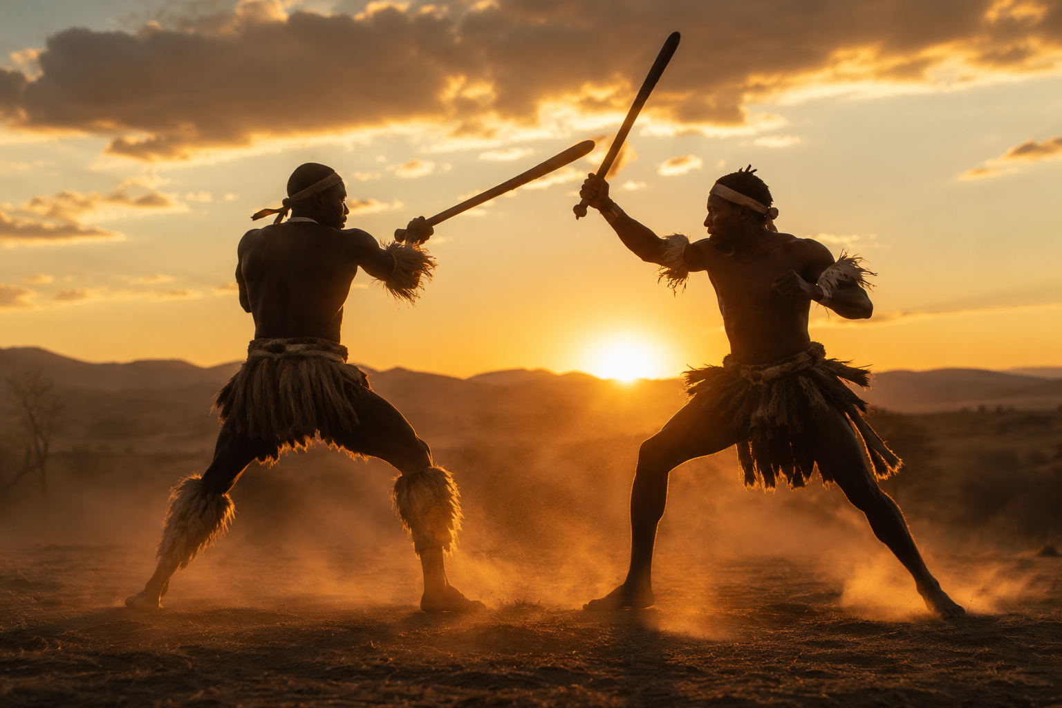 Original rendering of two figures in stick-fighting combat, evoking the action of Children of Blood and Bone