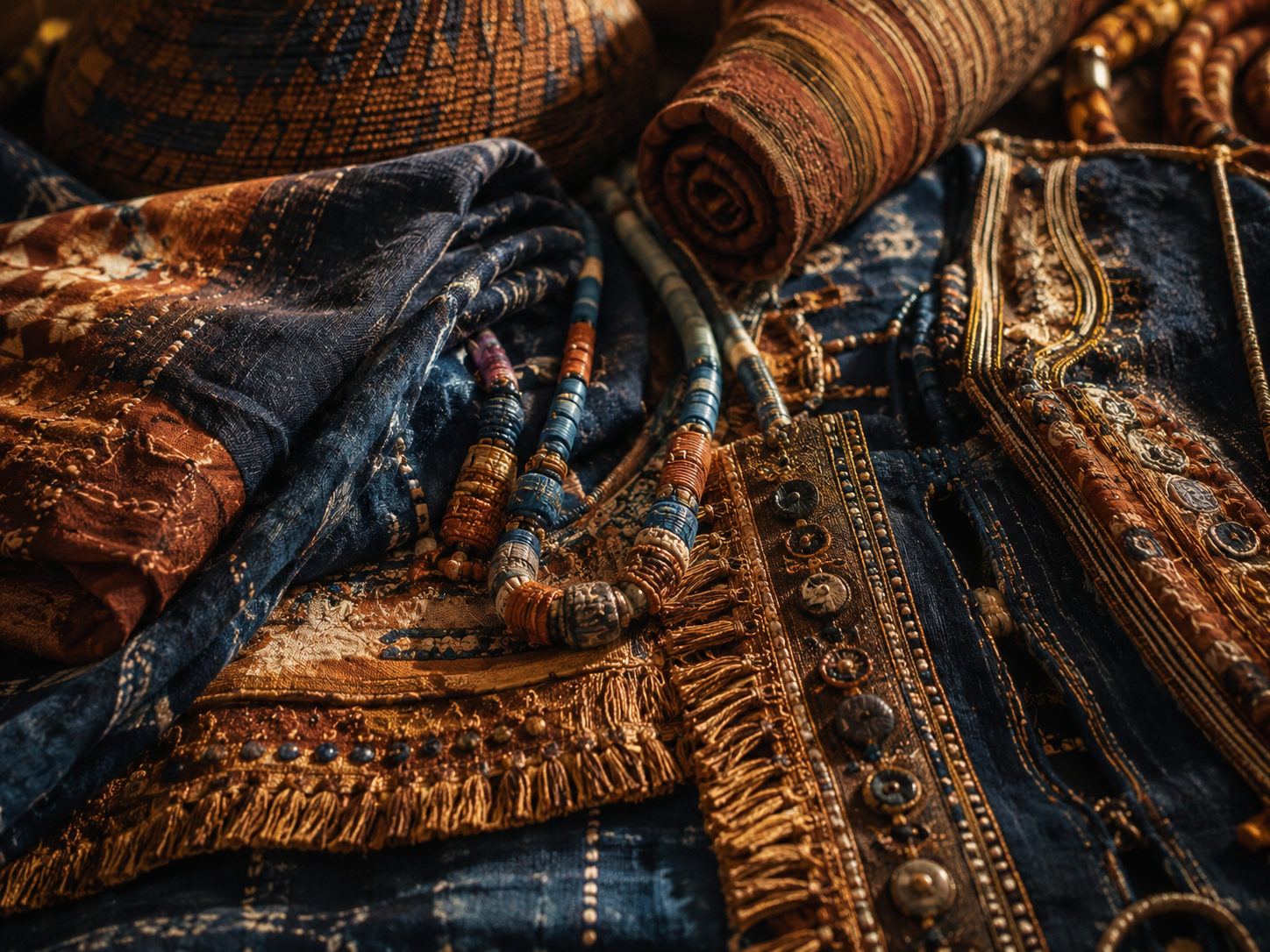 Original rendering of hand-dyed African-inspired textiles and beadwork, evoking the costumes of Children of Blood and Bone