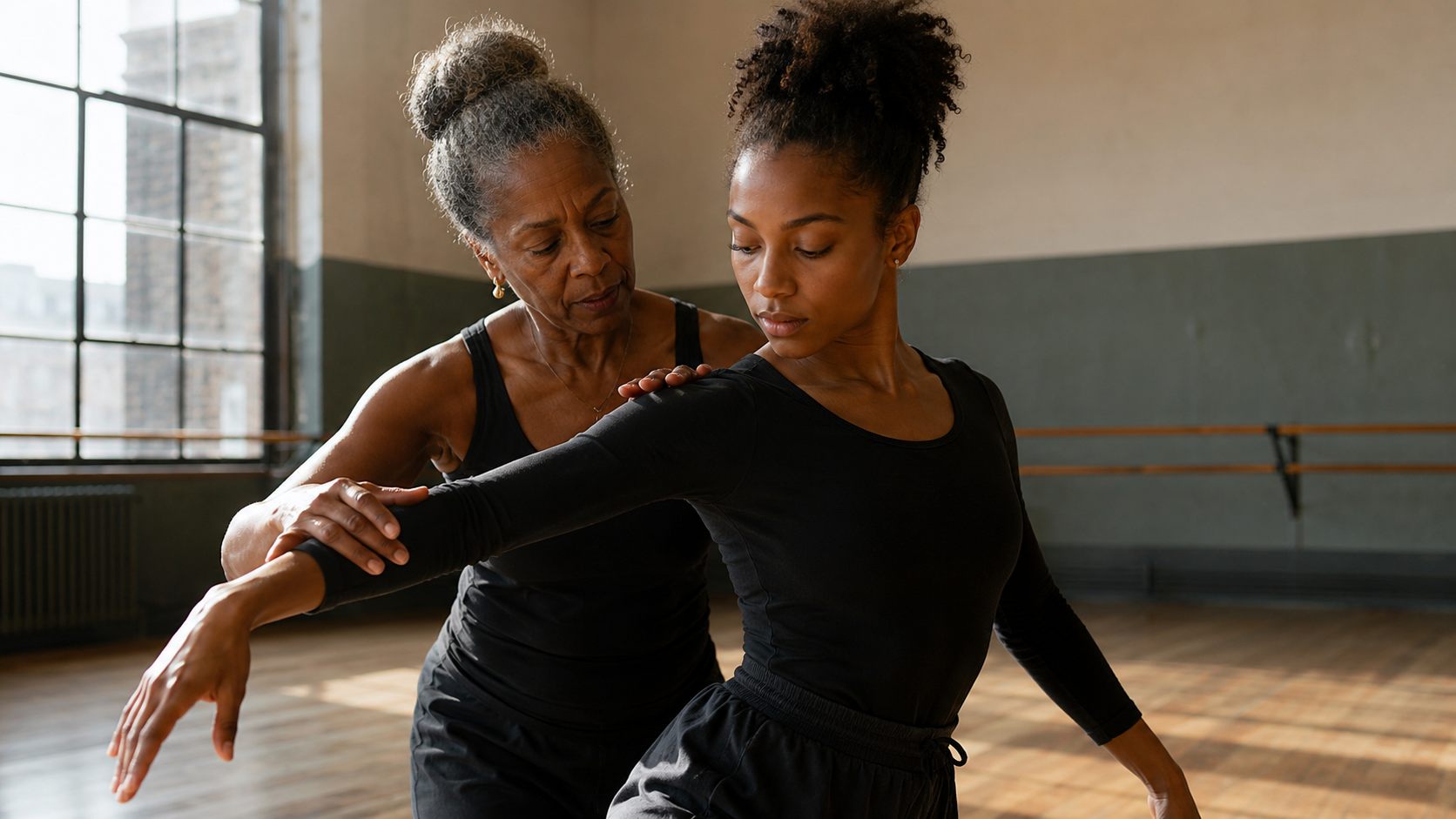 An older dancer teaching a movement to a younger dancer in a studio