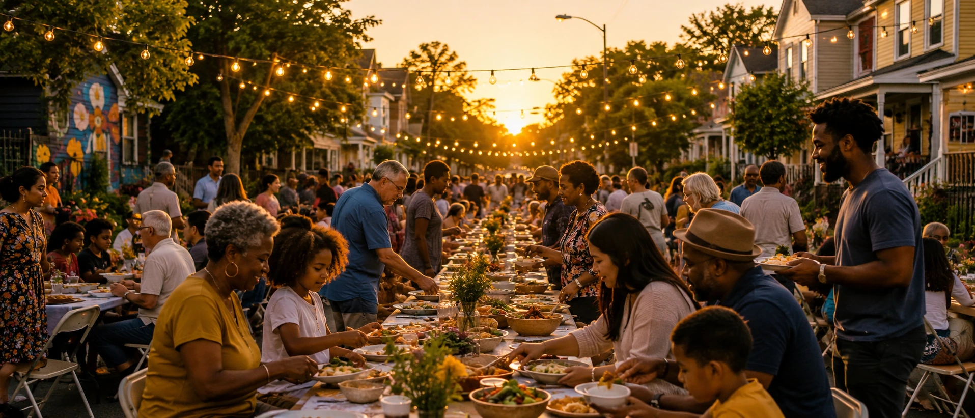 Neighbors of every age setting out food together at a block gathering at golden hour