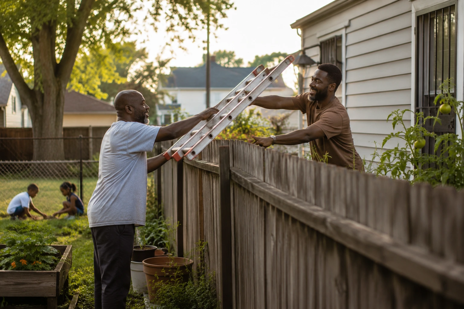 A neighbor lending a ladder over a backyard fence, an everyday act of mutual support