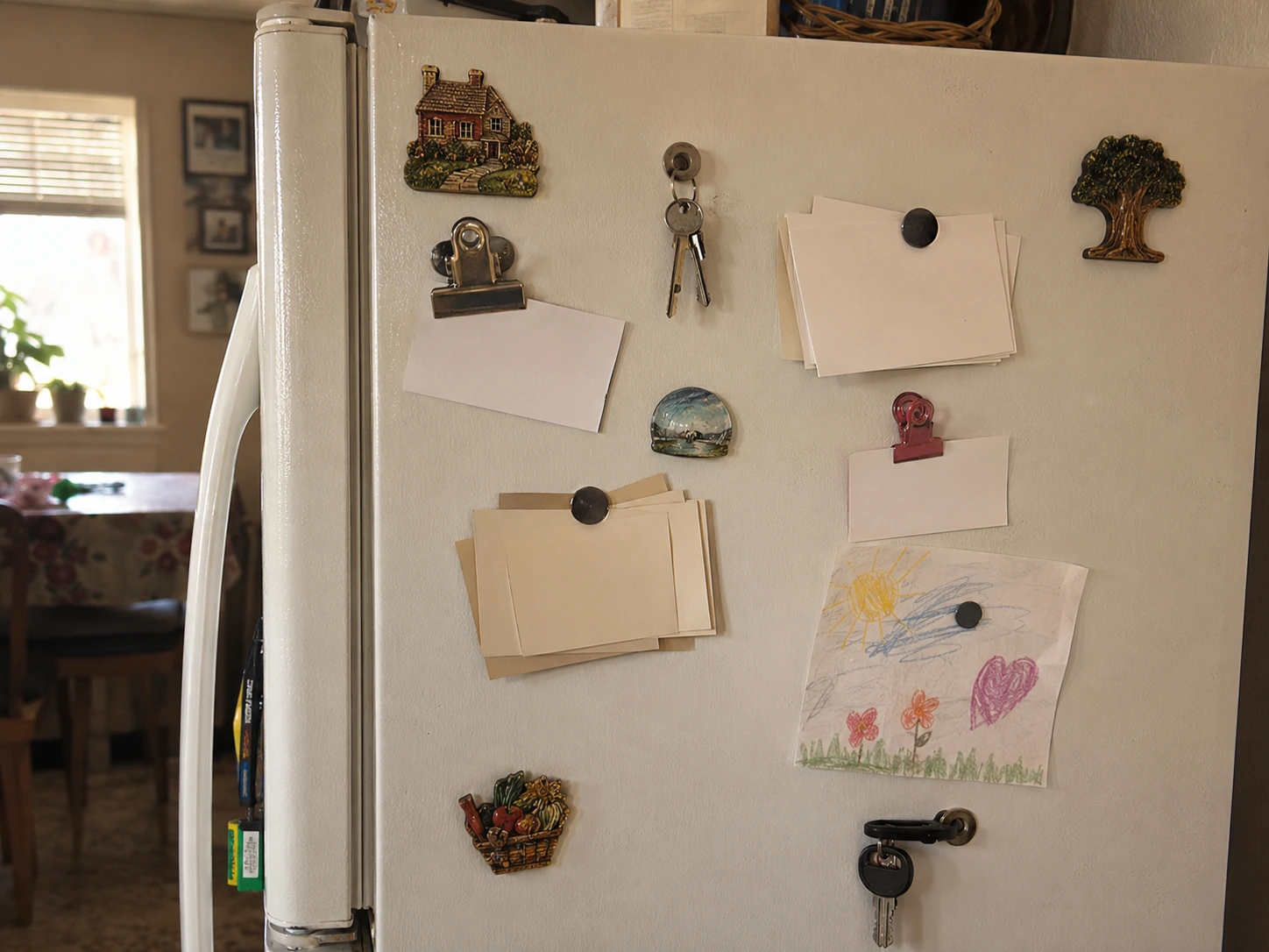 A well-worn neighborhood contact list held to a fridge, the informal safety net of a real community