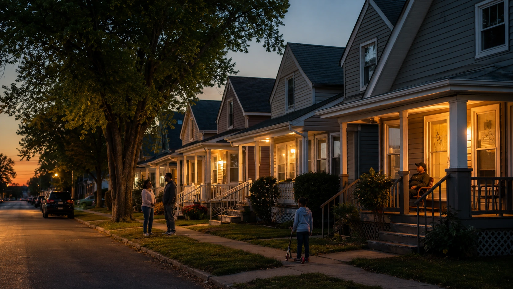 A row of houses with porch lights glowing at dusk, a street that clearly looks out for each other