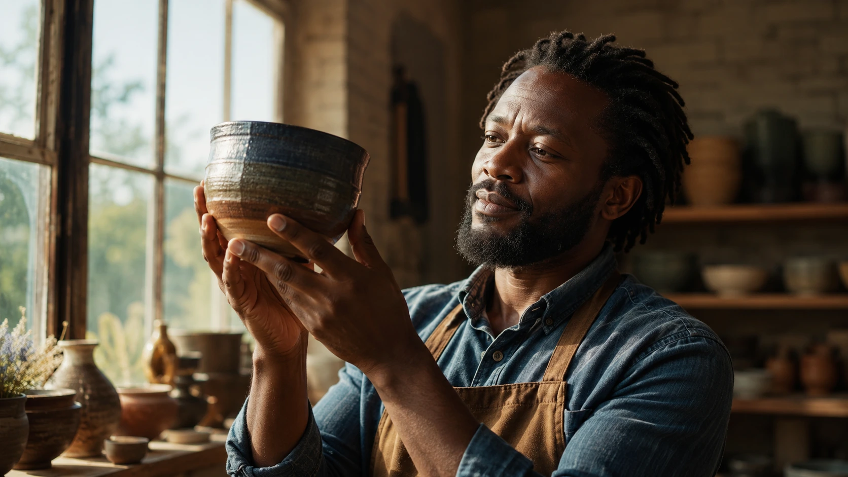 A maker holding a finished handmade object up to a window, inspecting it with quiet pride