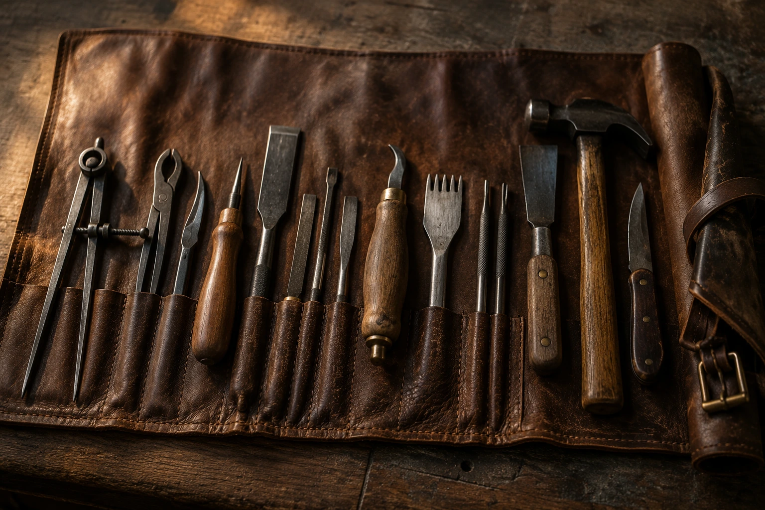 A set of well-worn hand tools laid out in careful order on an unrolled leather tool wrap