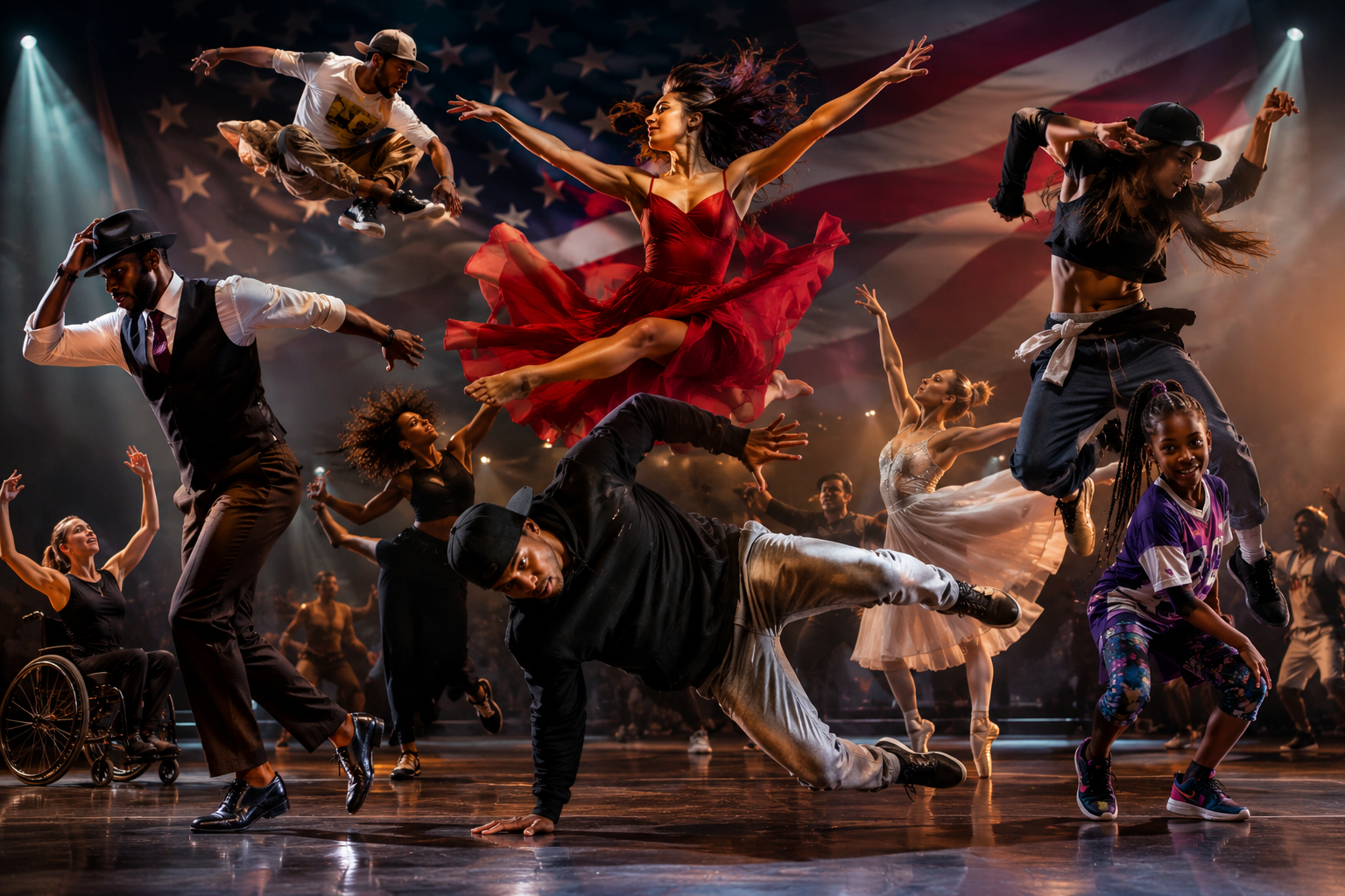 Large-scale dance performance illustrating how dance is woven into American culture