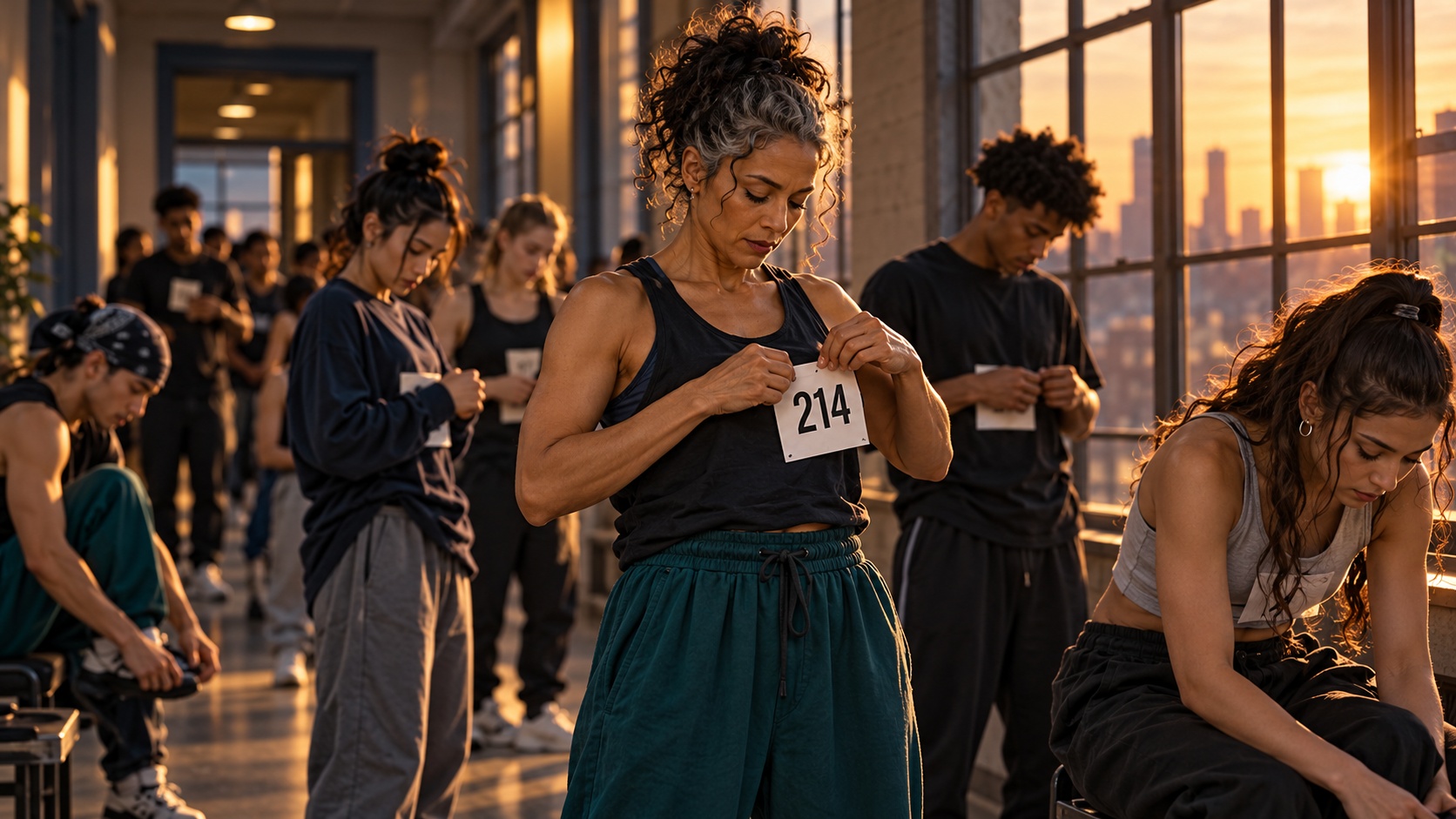 An experienced woman dancer pinning on an audition number in a hallway lined with much younger dancers