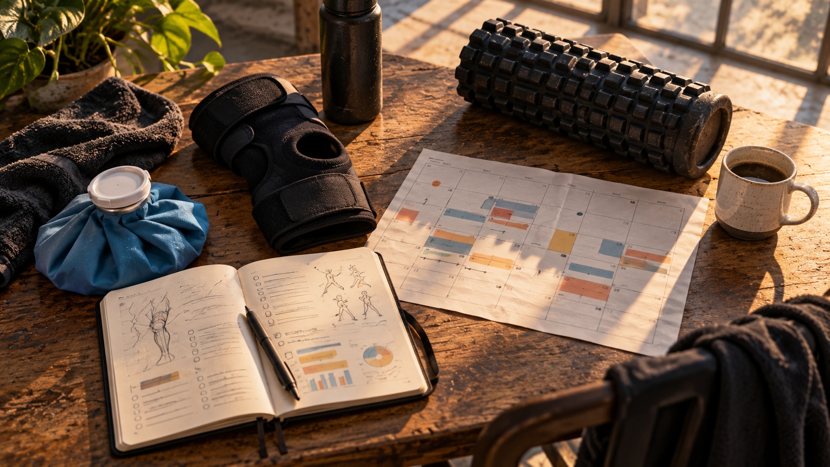 A dancer's kitchen table with an ice pack, a knee brace, a training notebook and a calendar of classes and bookings