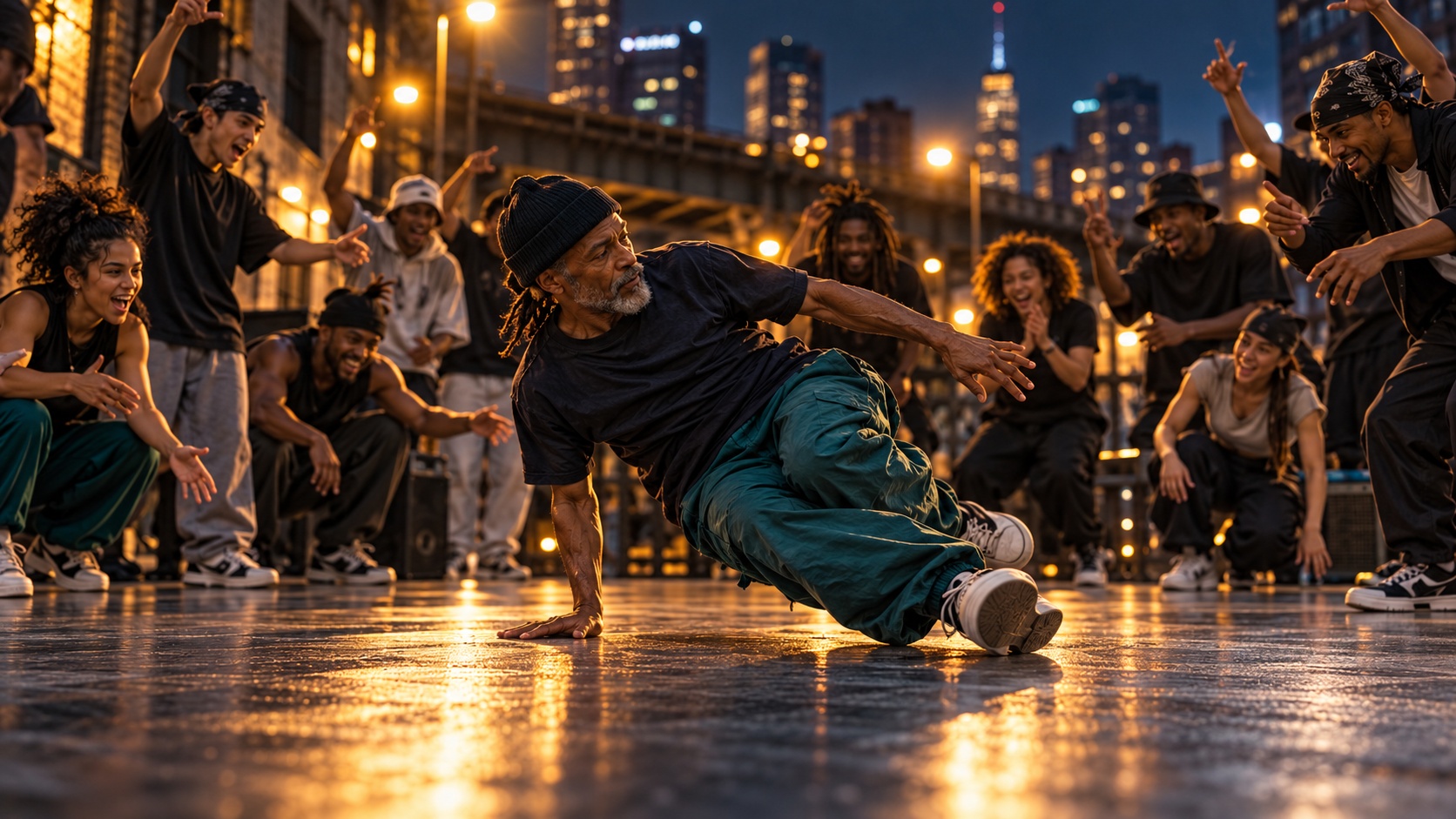 A gray-bearded b-boy dancing in the center of a cypher while younger dancers of mixed ages cheer him on