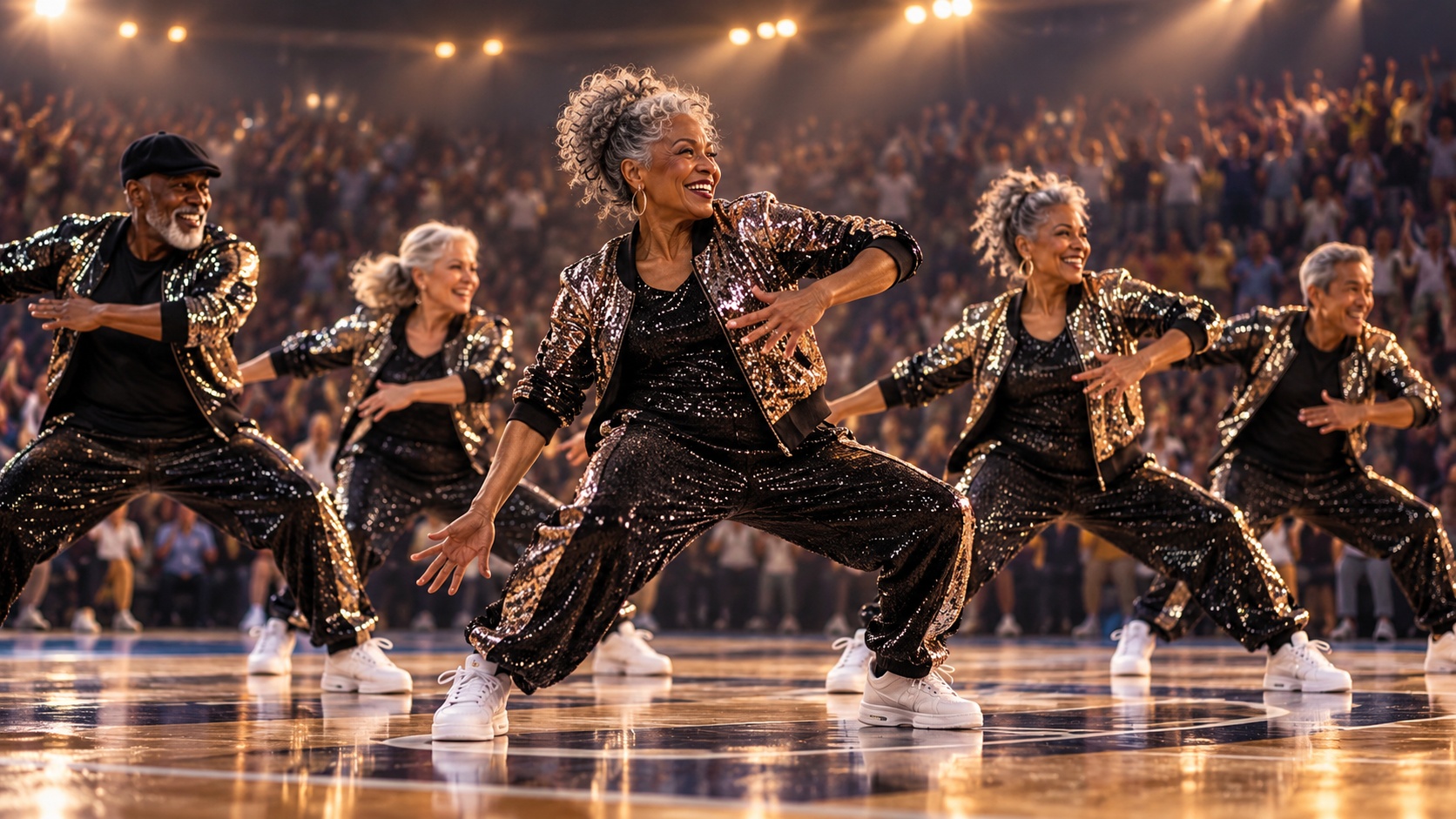 A senior dance team in matching uniforms mid-routine on an arena court under bright lights, crowd on its feet