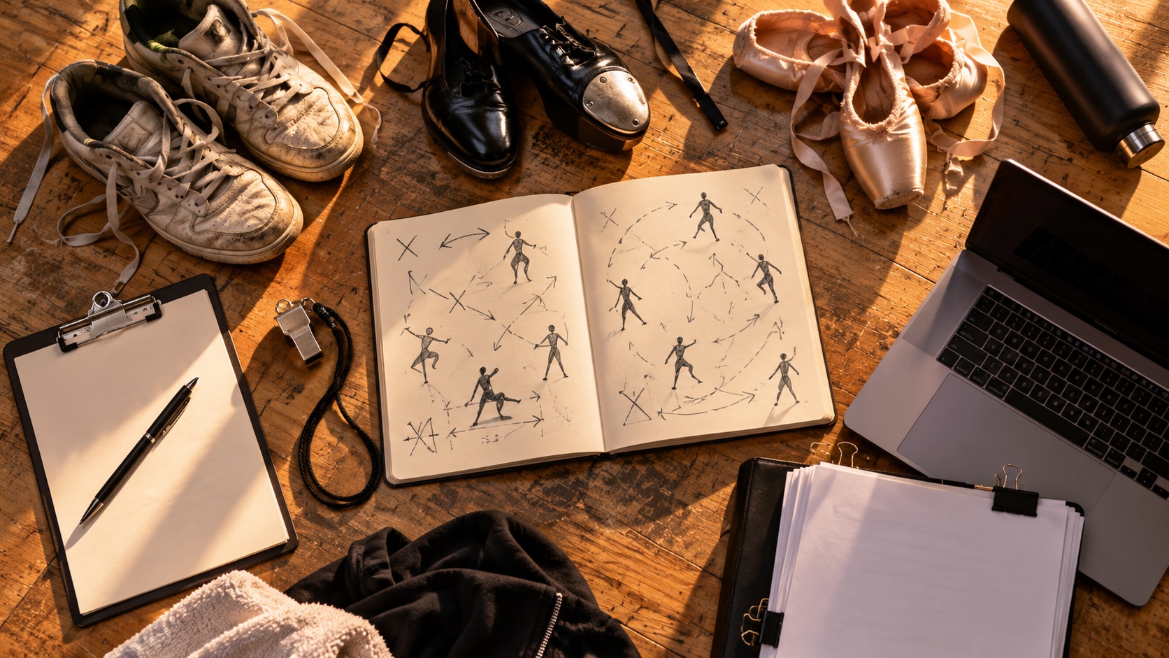 An overhead arrangement of dance shoes, a choreography notebook, a judging clipboard, a whistle, a script and a laptop on a studio floor