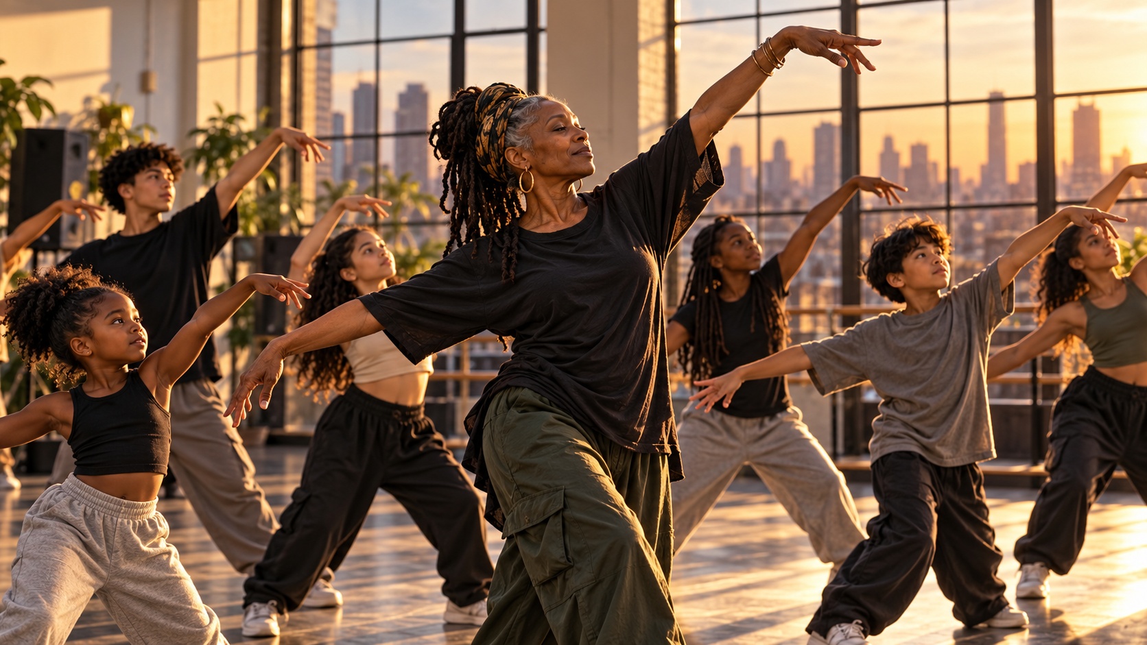 An experienced dancer in her fifties teaching a class of children and teenagers in a bright community studio