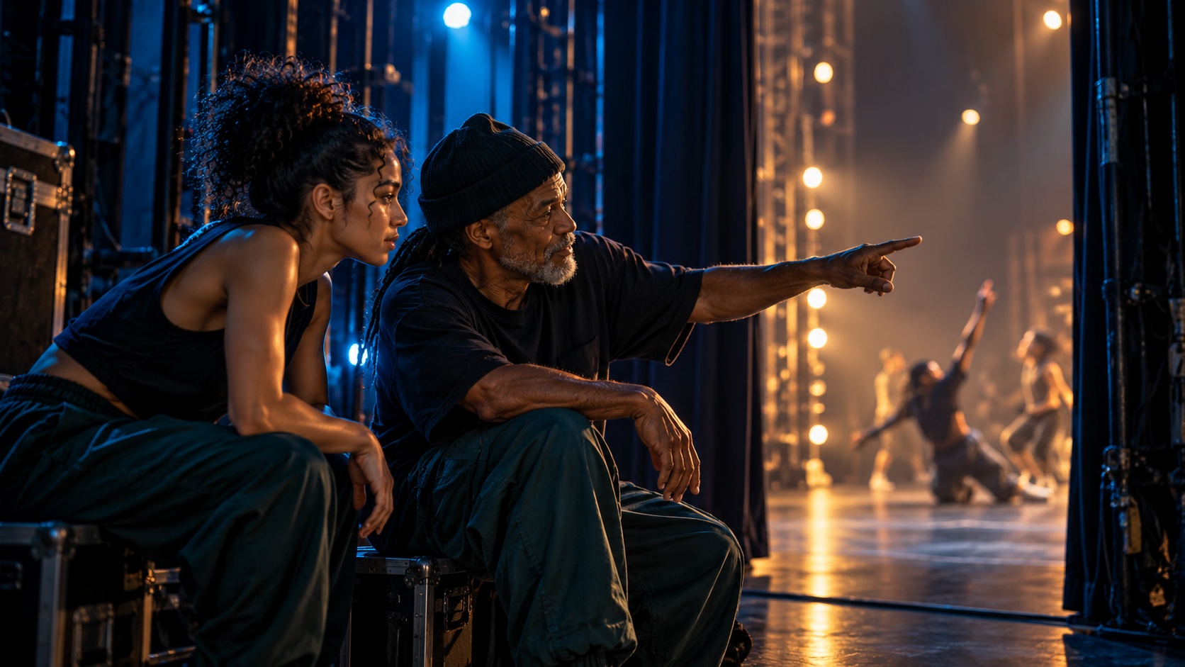 An experienced dancer pointing toward the stage while mentoring a young performer from blue-lit theater wings