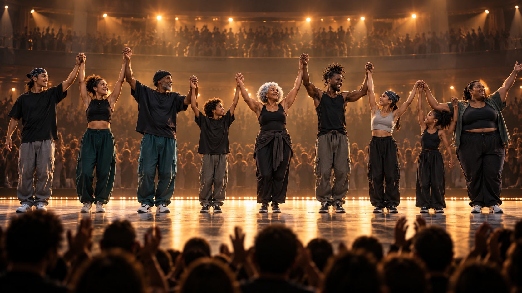 A multigenerational company holding hands during a theater curtain call before an applauding audience