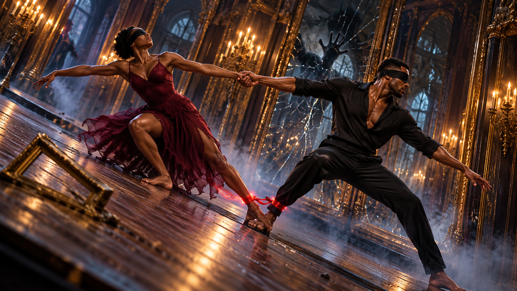 Linked dancers lean away from each other in a wrist-grip counterbalance on a tilting floor as a mirror cracks behind them
