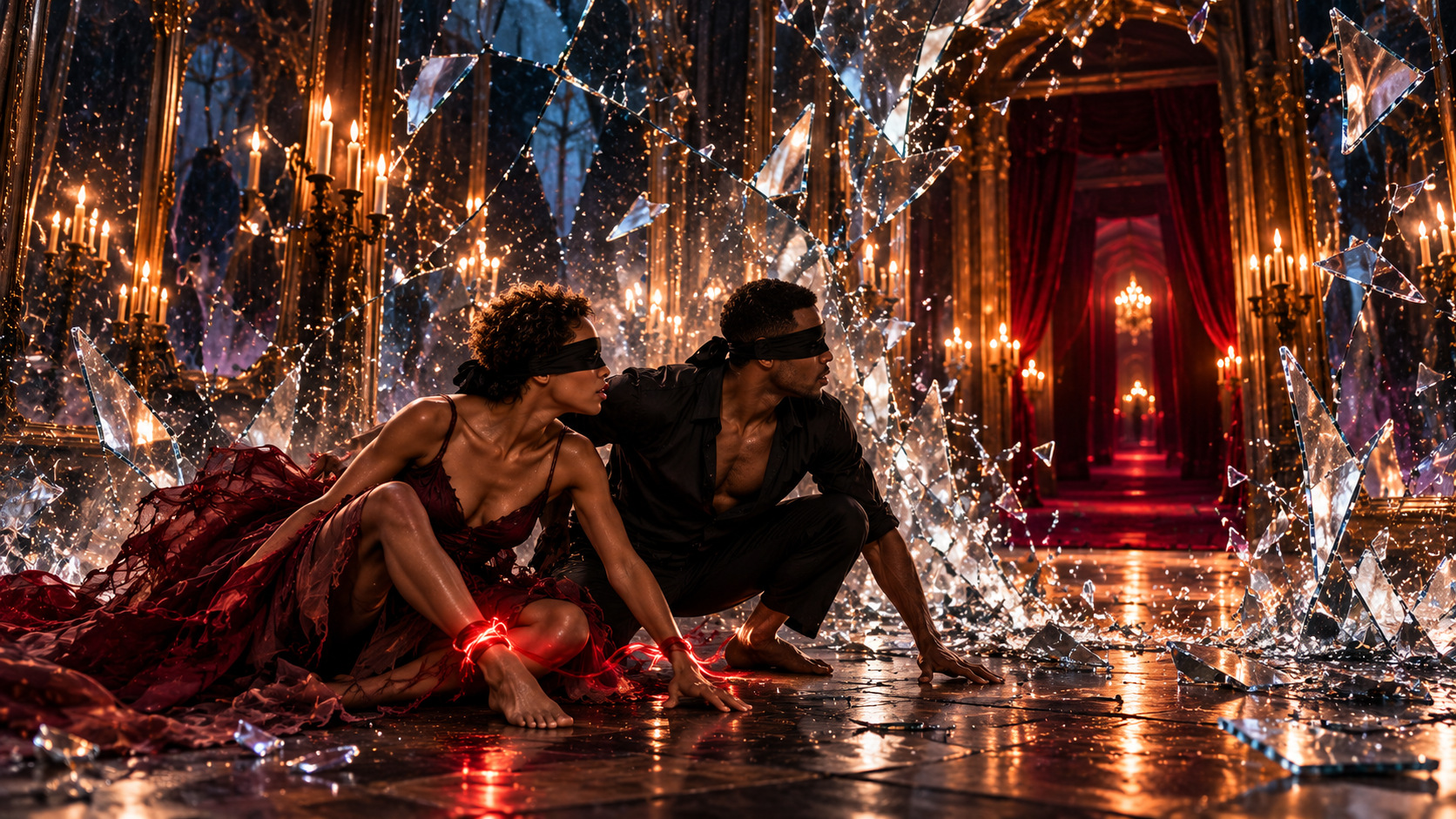 Mirrors burst into falling shards around two dancers low on the floor, revealing a dark doorway and a velvet corridor
