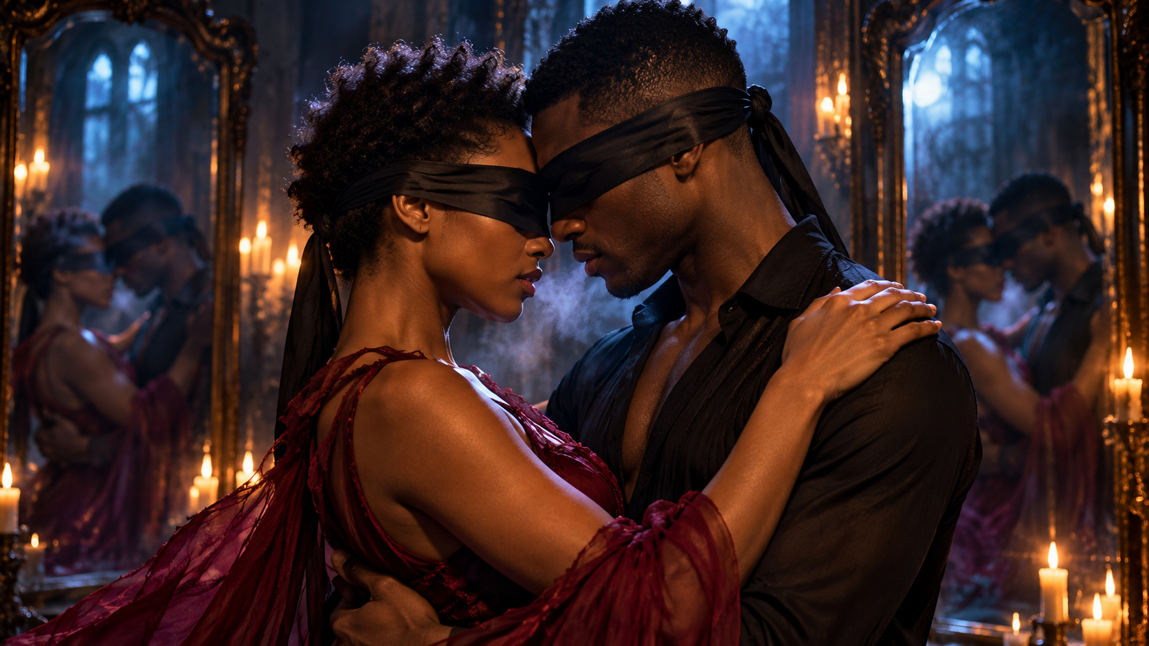 Blindfolded partners breathe together forehead to forehead while their reflections in the mirrors move out of sync
