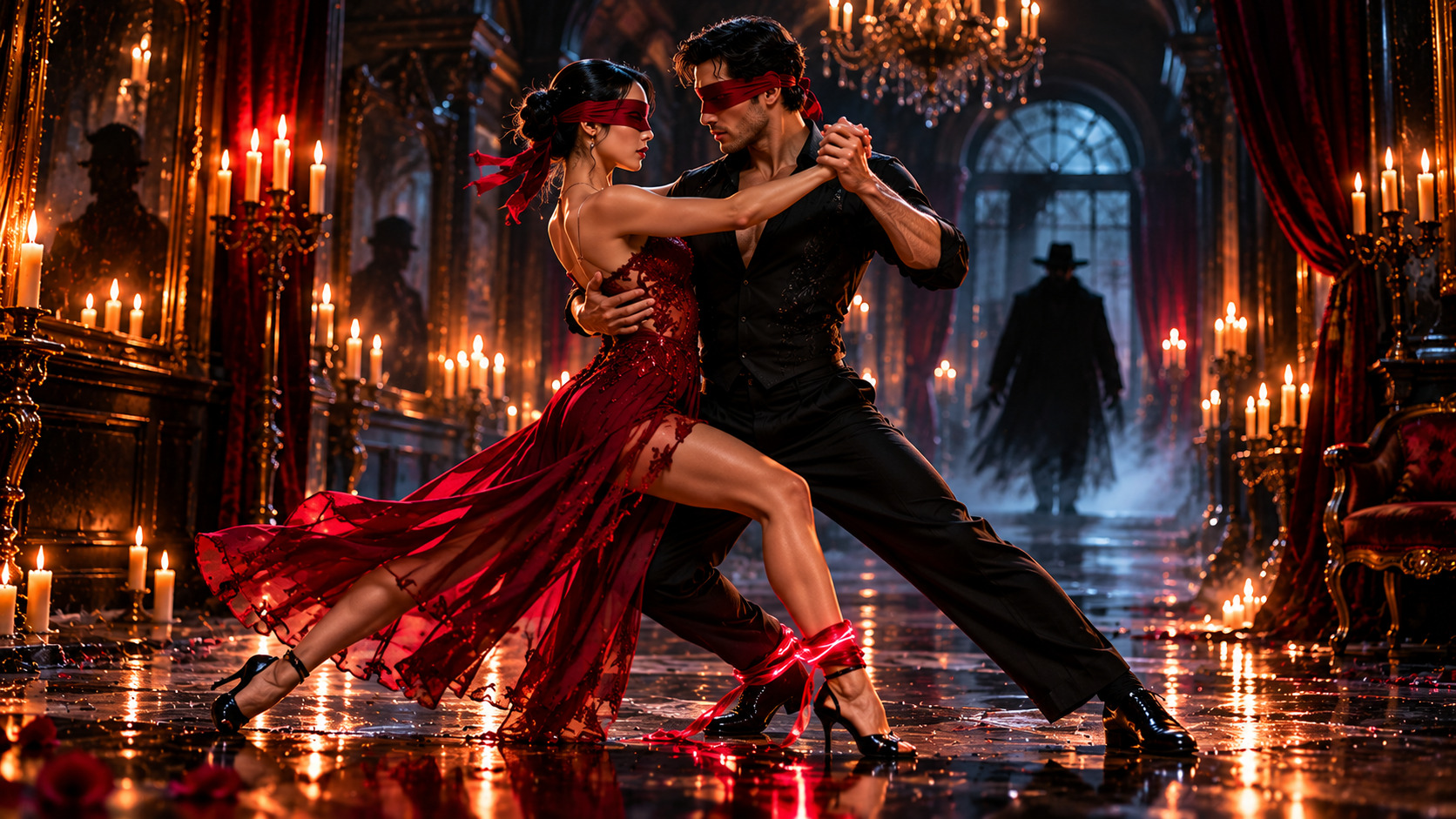 Blindfolded tango partners in a close embrace in a dark abandoned dance hall while a shadowy figure circles them