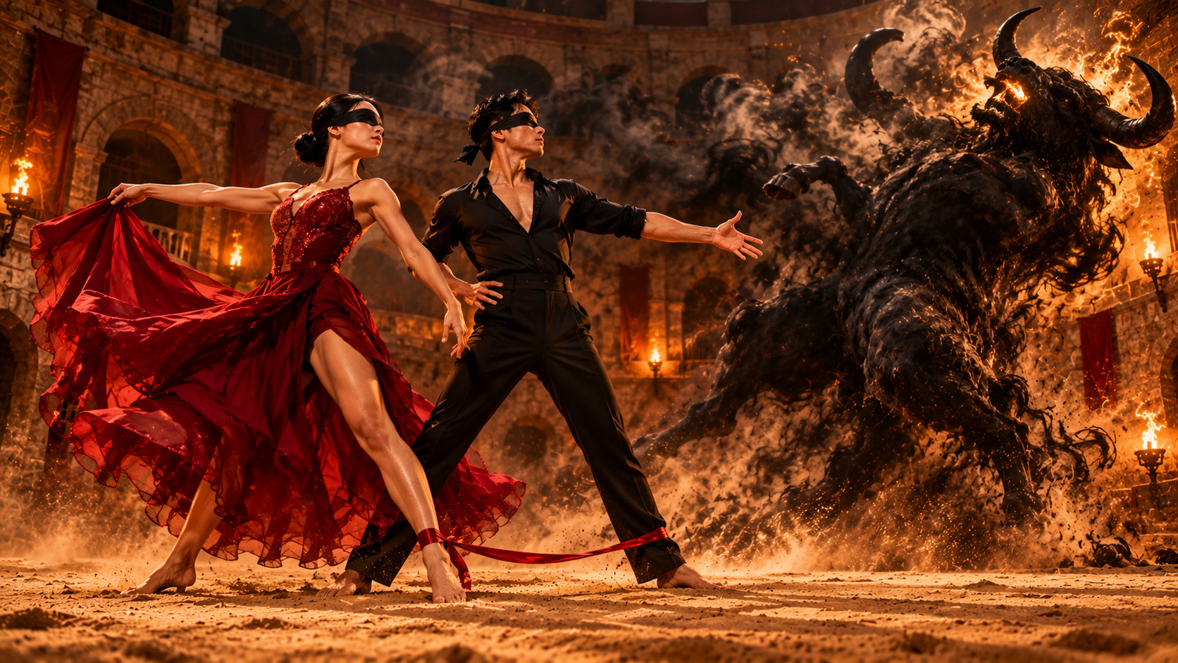 Linked dancers lift their chests in matador posture as the smoke beast hesitates
