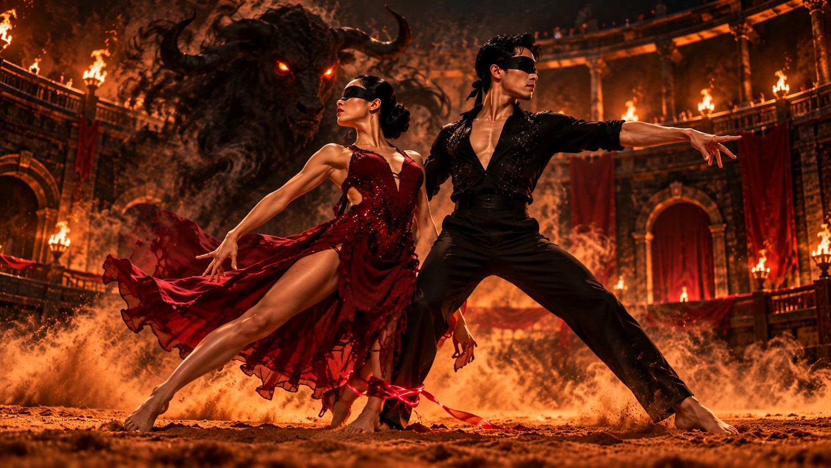Blindfolded dancers stand tall in a sand bullring as a giant smoke-shaped beast rises behind them