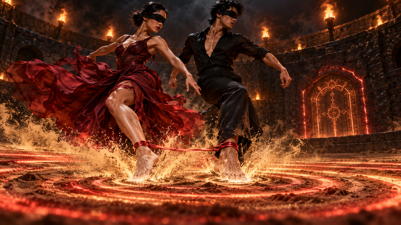 Two dancers stamp the sand together, sending rings of dust toward a hidden gate in the bullring wall