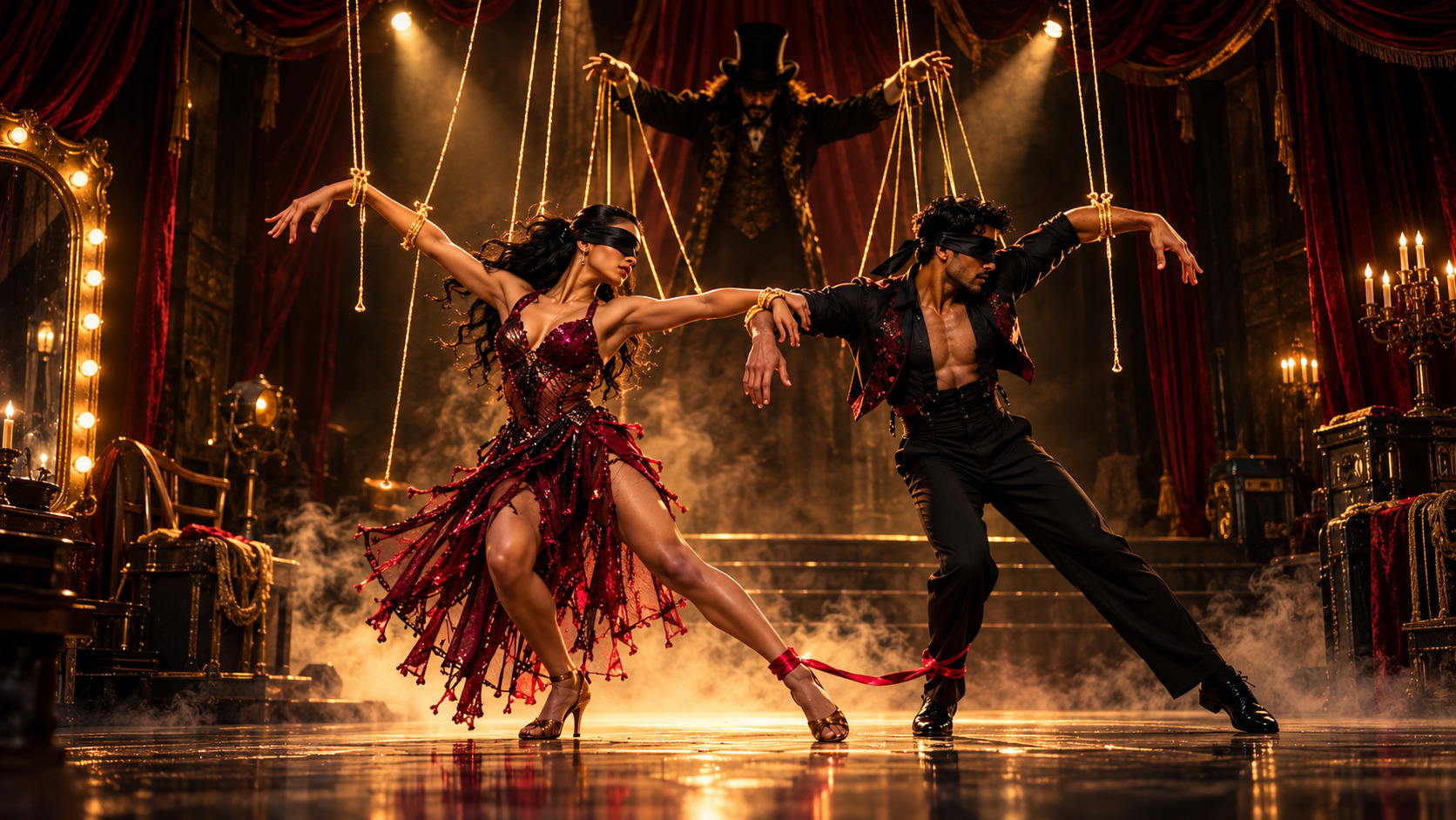 Blindfolded dancers on an old vaudeville stage with glowing strings tied to their wrists, pulled from above