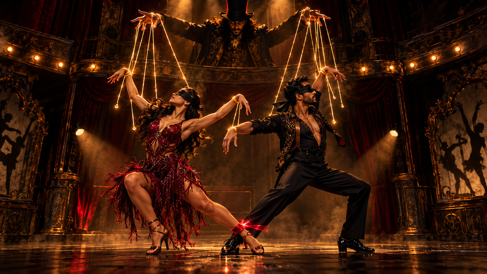 Puppet strings snap above the dancers’ off-beat kick as a clock reading two minutes to midnight glows overhead