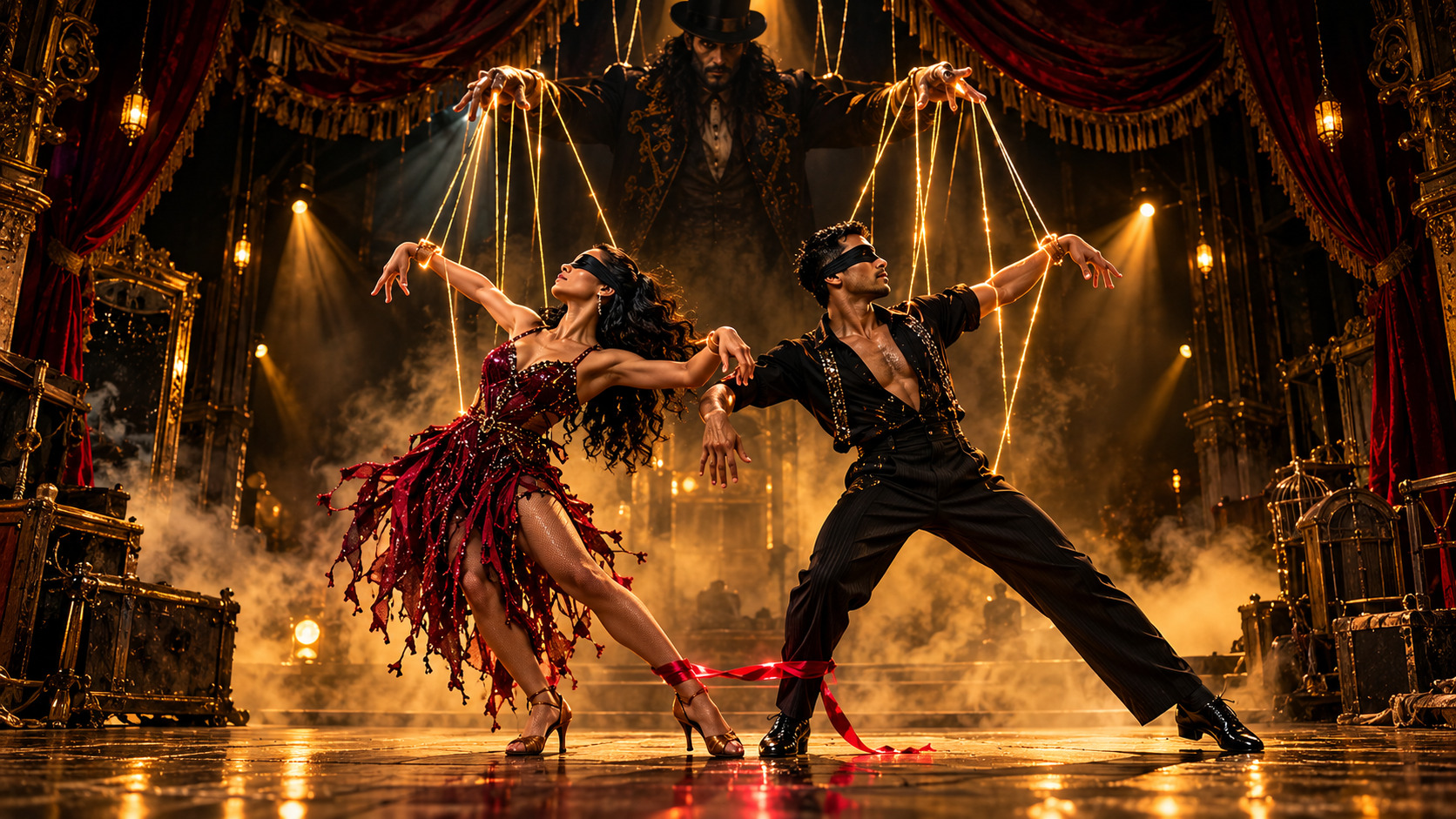 Linked dancers step off the beat as the puppet strings above them go slack